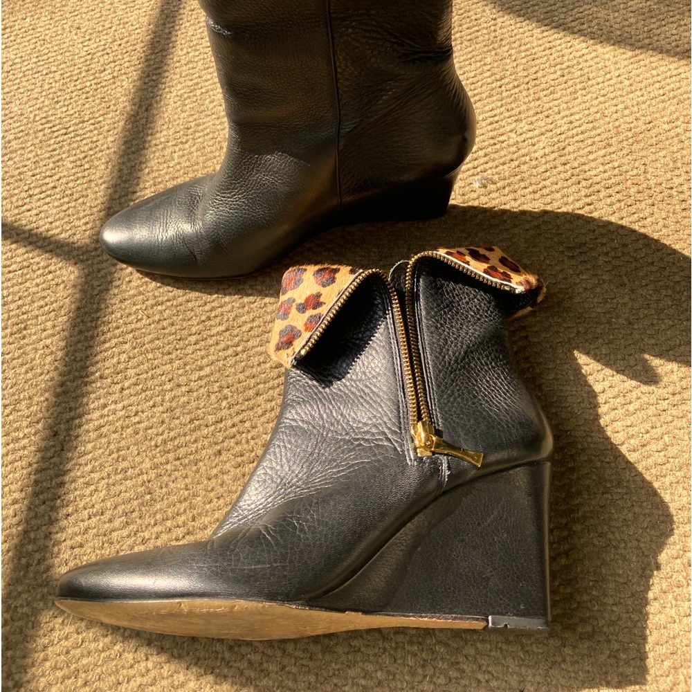 Kate Spade Black Leather & Leopard Wedge Booties